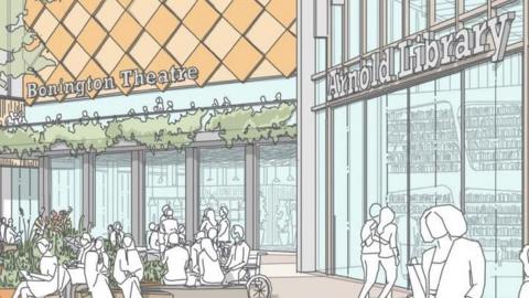 A CGI drawing of two new shop fronts which include the theatre and library