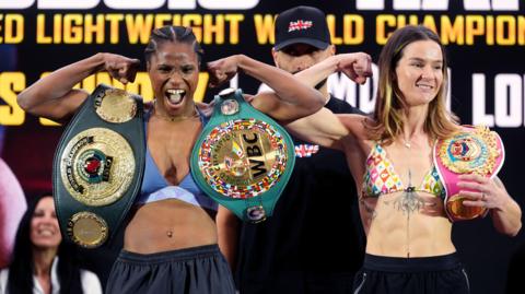 Caroline Dubois and Terri Harper pose for cameras at Saturday's weigh-in