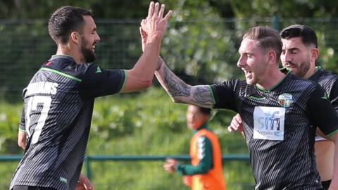 New Saints players celebrate a goal against Kauno Zalgiris