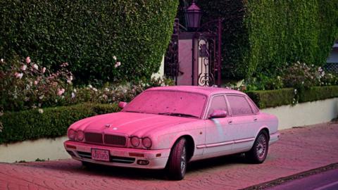 A car and pavement covered in a layer of pink dust