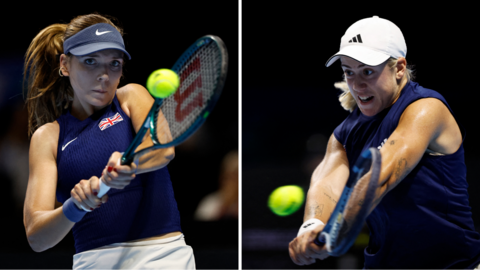 Split picture of Katie Boulter and Sonay Kartal in action at the Billie Jean King Cup