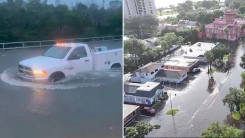 Split screen showing a car half-submerged in floodwater on the left and flooded streets on the right