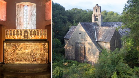 Two images with the one on the left showing an ornate copper pulpit and stained glass window and the other image showing a large grey stone church surrounded by lush forest