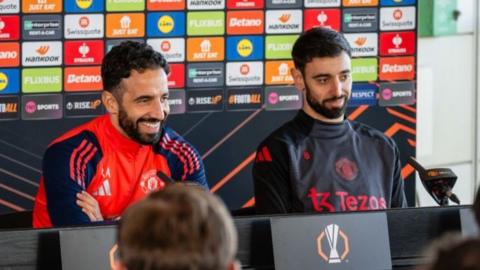 Manchester United's Ruben Amorim and Bruno Fernandes