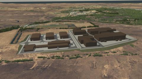 A visualisation of the Lewis Hub, a large complex of brown buildings in a landscape of sweeping moor and peatland. There are also areas of commercial forestry.