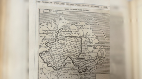 A map on a cream piece of paper of Ulster and Cavan. There are lines indicating borders. 