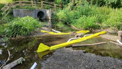 Area at edge of pond where a large concrete pipe opening surrounded by greenery is partly blocked off by floating yellow barriers