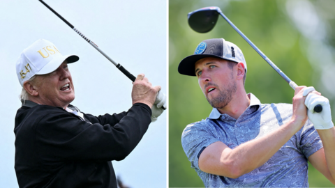 A split picture of US President Donald Trump and England striker Harry Kane playing golf
