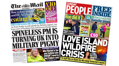 The headline on the front page of the Mail reads: "Spineless PM is turning UK into military pygmy". The headline on the front page of the Sunday People reads: "Love Island wildfire crisis".