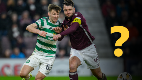 Kieran Tierney of Celtic and Craig Halkett of Hearts battle for the ball while a question mark is overlayed onto the image