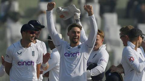 Will Jacks celebrates a Test wicket against Pakistan