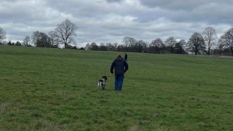 Person wearing a jacket and jeans with a black and white dog on a lead walking on grass. Their backs are to the camera.