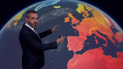 BBC weather forecaster Ben Rich in front of a Europe weather map.