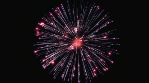 A red and purple firework exploding in a black sky