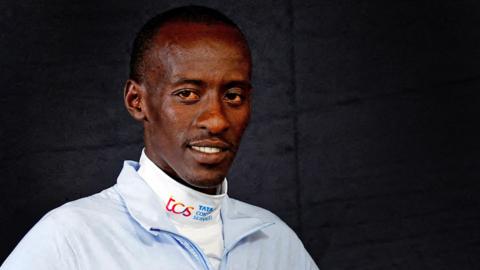 Kenya's Kelvin Kiptum poses after the press conference ahead of the London Marathon.