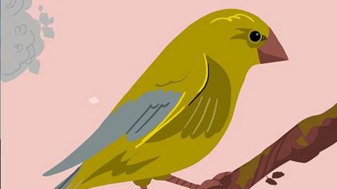 Small green bird on a branch (illustration)