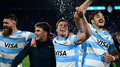 Marcos Kremer, Bautista Delguy and Pedro Rubiolo of Argentina celebrate following the team's victory in a Rugby Championship 2025 match between Argentina Pumas and New Zealand All Blacks at Jose Amalfitani Stadium on August 23, 2025 in Buenos Aires, Argentina.