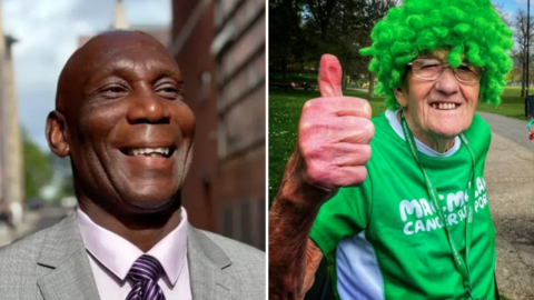 A split image with Uriah Rennie on the left, smiling and wearing a suit, and John Burkhill on the right, smiling and giving a thumbs up to the camera as we stands in a park, wearing a green wig and green macmillan cancer t-shirt 