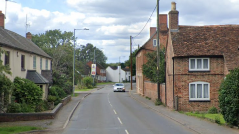 A village street with old houses and trees down both sides and a car in the distance