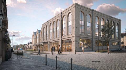 An artist's impression shows a square brick built building with large arched windows and a pedestrian precinct with people walking past
