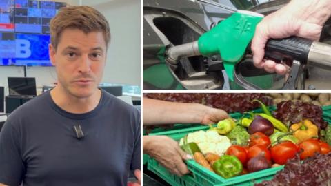 Split screen image featuring Nick Marsh, a car being filled with petrol and basket full of vegetables