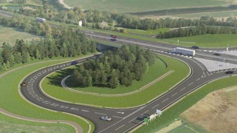 The illustration shows a new stretch of dual carriage way with lorries and cars on it.
There is also a large roundabout-type road feature and slip roads.