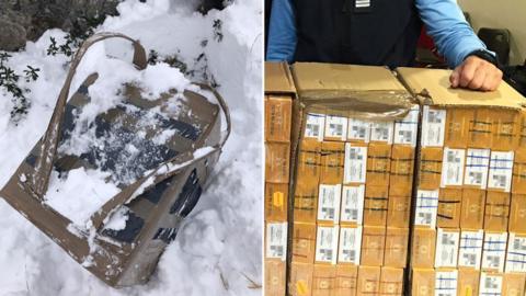 A composite image shows a snowy bundle wrapped in duct-tape, left, and a sliced upon cardboard box with dozens of cigarette cartons inside, right, being presented by the gendarmerie