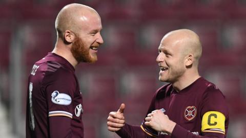 Hearts strikers Liam Boyce and Steven Naismith celebrate