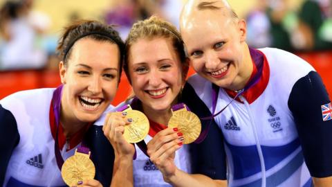 Dani Rowe, nee King, Laura Trott, and Joanna Rowsell of Great Britain pose with their Gold medal during the medal ceremony for the Womens Team Pursuit Track Cycling Finals after breaking the World Record on Day 8 of the London 2012 Olympic Games at Velodrome on August 4, 2012 in London, England.