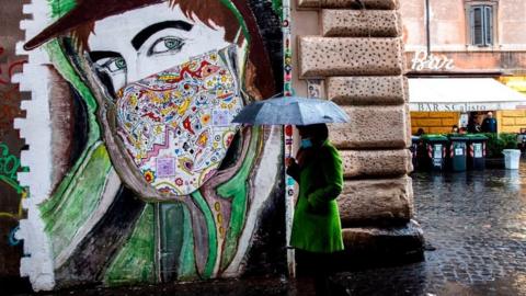 A woman wearing a face mask walks past a mural in Rome's Trastevere district