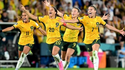 Mary Fowler, Sam Kerr, Caitlin Foord and Steph Catley all celebrate Australia's win over France