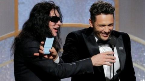 Tommy Wiseau and James Franco pictured after Franco won Best Performance by an Actor in a Motion Picture Musical or Comedy for "The Disaster Artist"