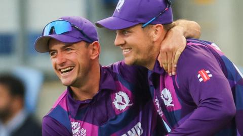 Scotland celebrate their win against West Indies in the T20 World Cup