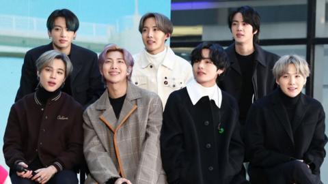 (L-R) Jimin, Jungkook, RM, J-Hope, V, Jin, and SUGA of the K-pop boy band BTS visit the "Today" Show at Rockefeller Plaza on February 21, 2020