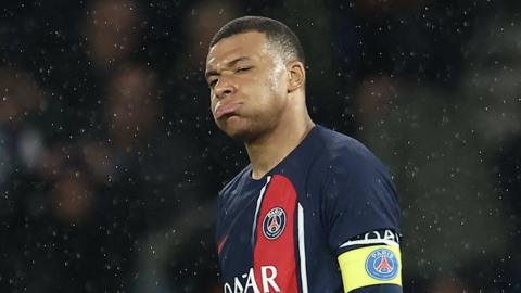 Kylian Mbappe reacts after a missed chance for PSG