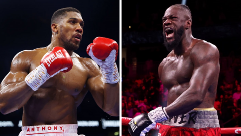 Anthony Joshua in the ring beside a picture of Deontay Wilder in the gym