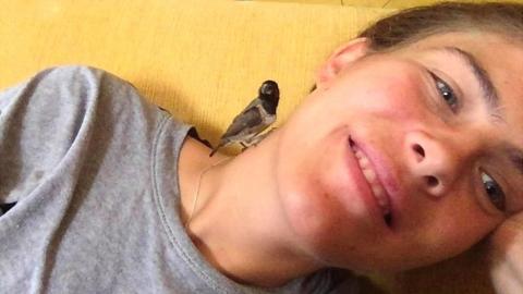 Bird on Hannah's shoulder