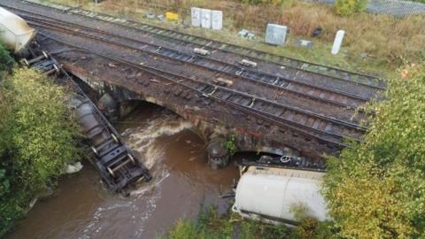 An aerial view of the derailment