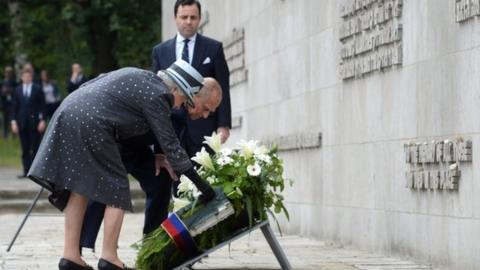 The Queen laid a wreath at the memorial at the former Nazi concentration camp in Bergen-Bergen