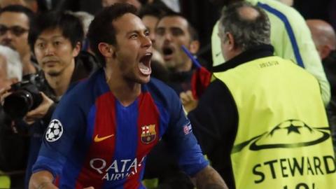 Neymar celebrates during Barcelona's 'Remontada' win over Paris St-Germain