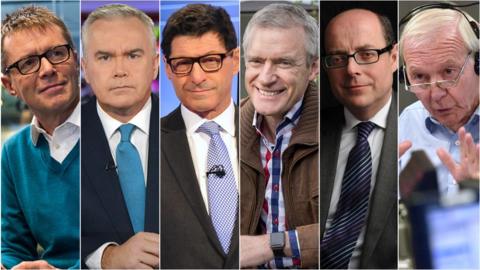 Left-right: Nicky Campbell, Huw Edwards, Jon Sopel, Jeremy Vine, Nick Robinson and John Humphrys