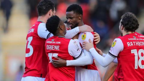 Rotherham's Hakeem Odoffin is congratulated after his first-minute goal against Blackburn Rovers