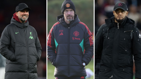 Jurgen Klopp, Erik ten Hag and Vincent Kompany in a three-way split picture