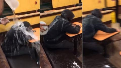 Screengrabs from the video showing a man doused with water in a Dunkin' Donuts restaurant