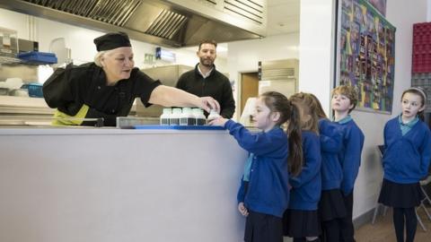 School canteen worker and children