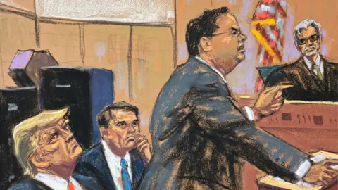 Courtroom sketch shows Todd Blanche and former President Donald Trump watching prosecutor Joshua Steinglass