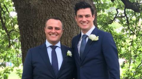 Tim Wilson and Ryan Bolger on their wedding day