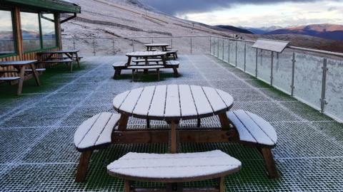 Snow on tables at Nevis Range snowsports centre