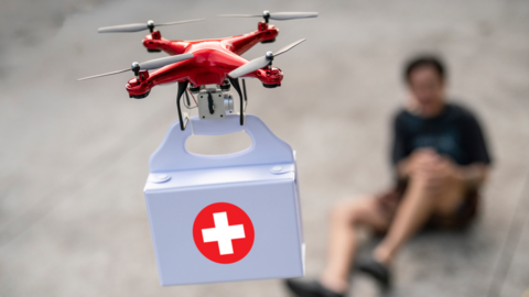 First aid kit being delivered by drone