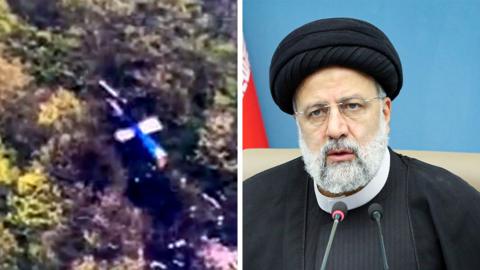 A composite image shows the helicopter wreckage site and a headshot of Raisi